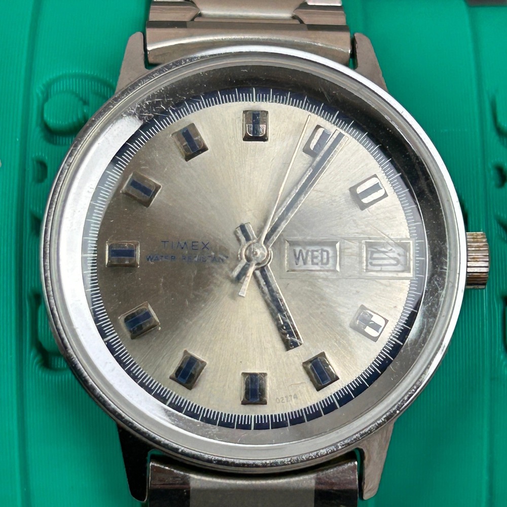 Timex Water Resistant Day Date Mens Analog‎ Watch Silver Tone Steel Tested